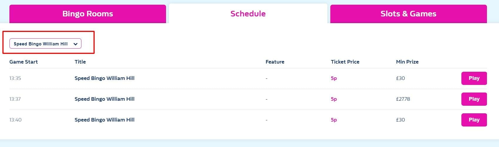 William Hill Bingo Schedule