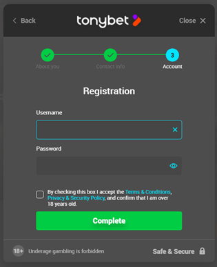 TonyBet Registration 