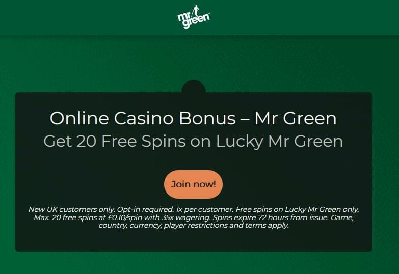 Mr Green 20 Free Spins Offer Screenshot