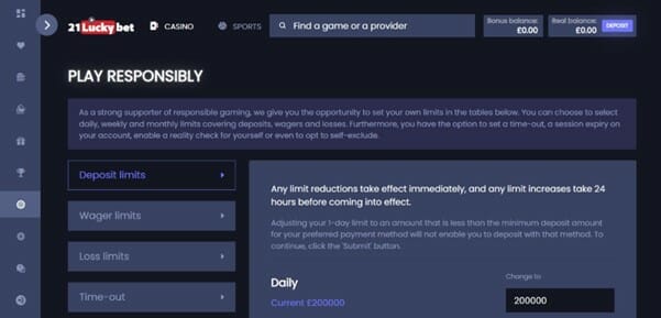 21LuckyBet Play Responsibly Page Screenshot