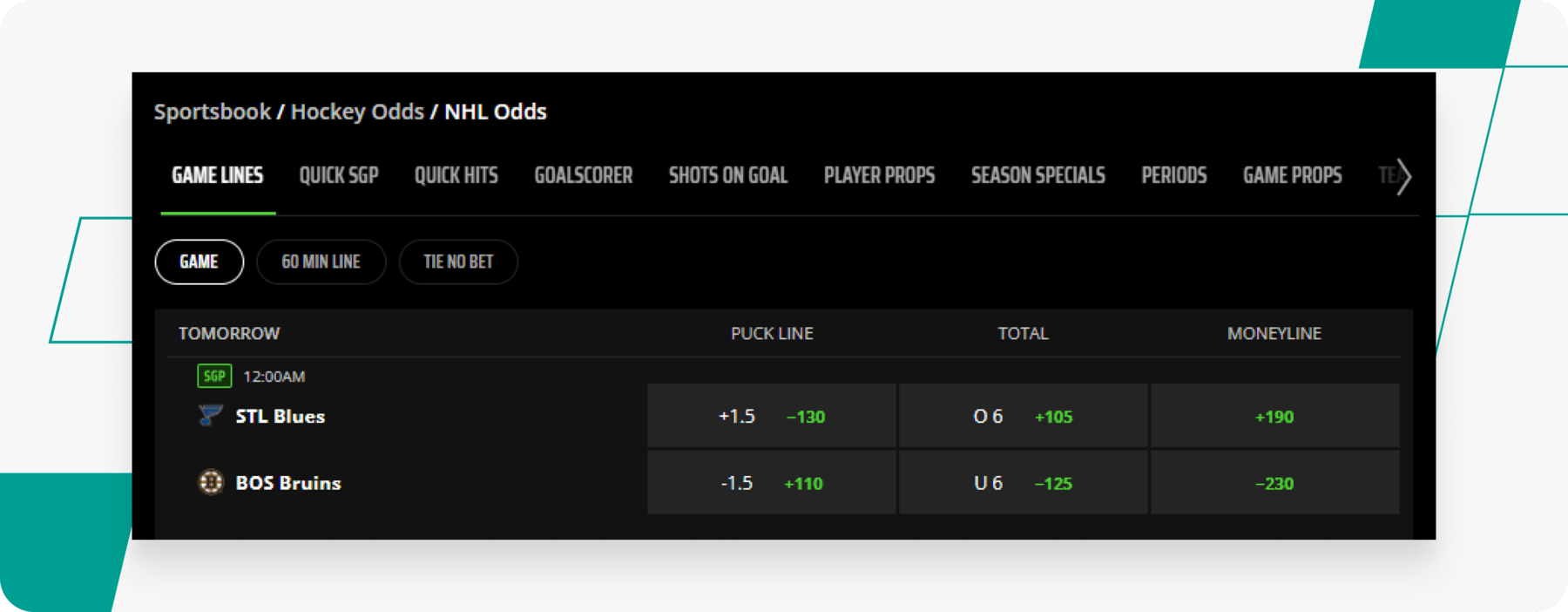 draftkings nhl moneyline betting wager desktop screenshot