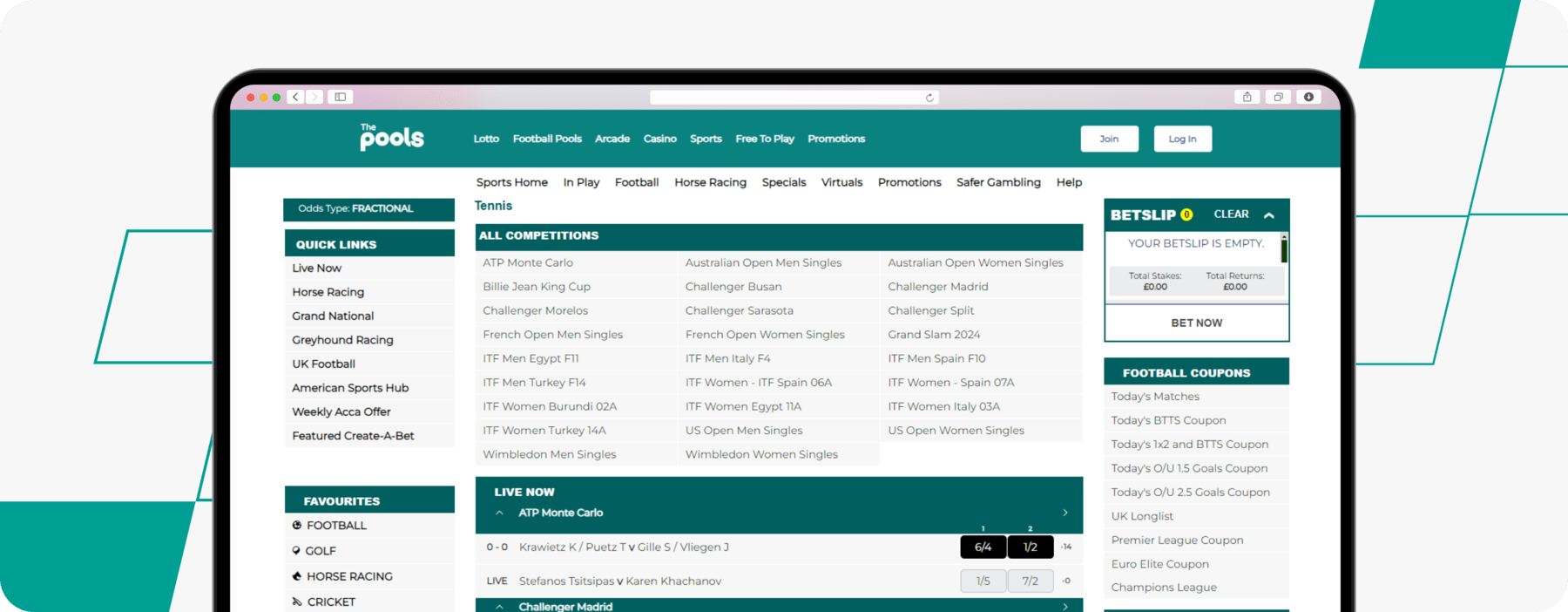 screenshot of the pools tennis betting page