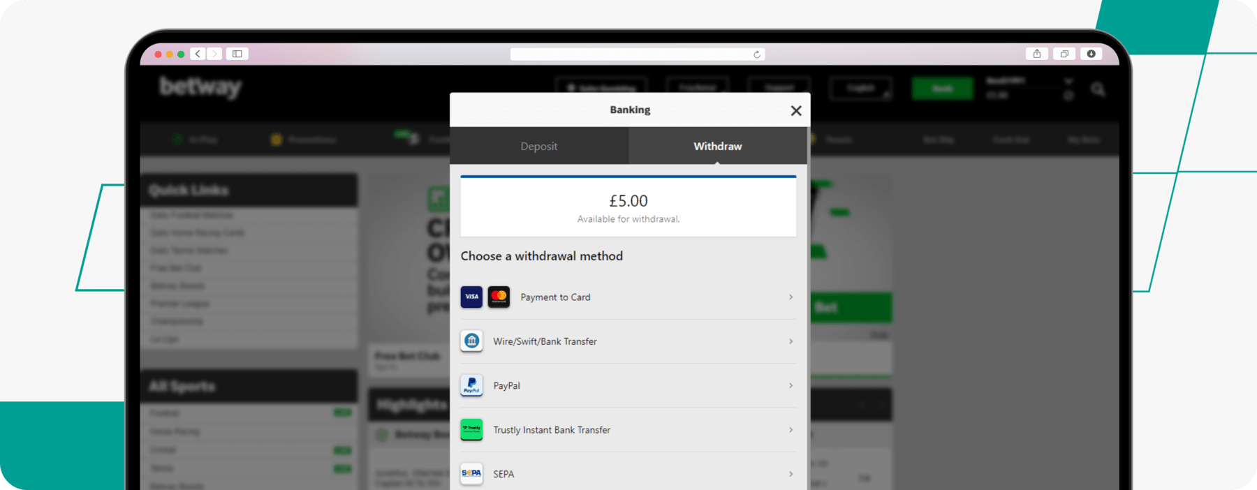 screenshot showing betway withdrawal page