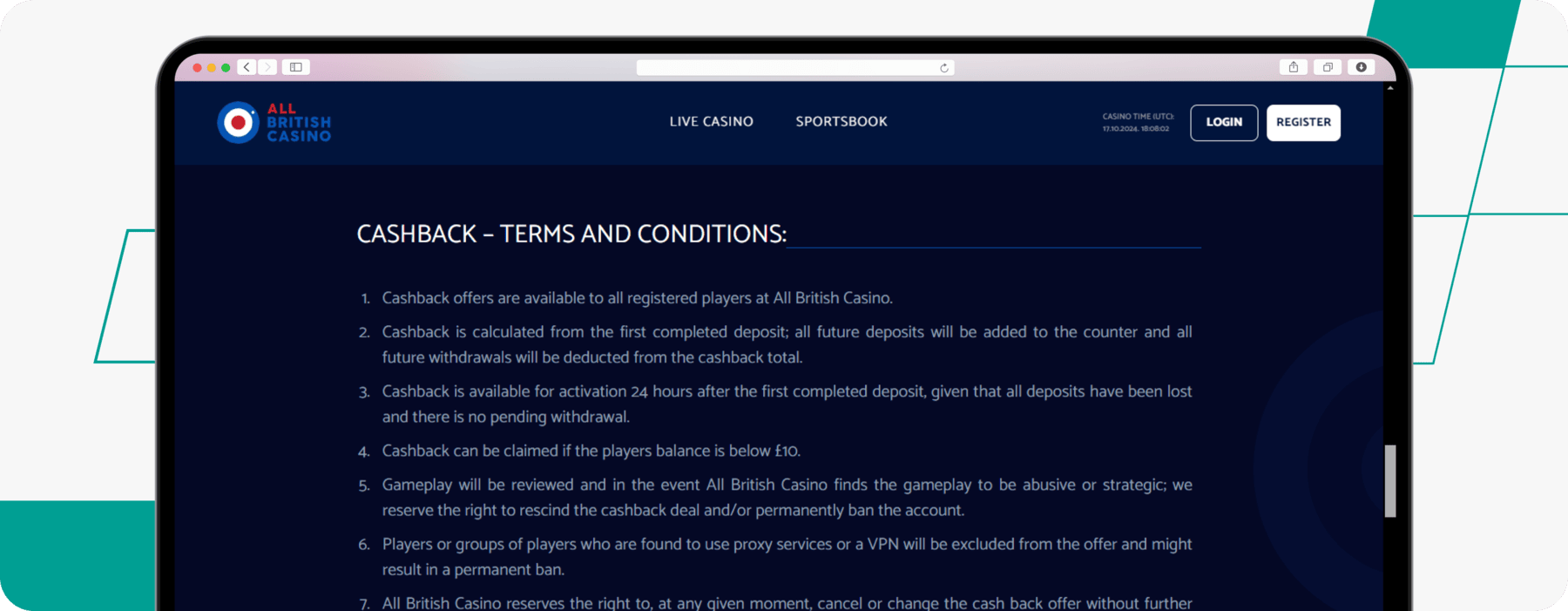 screenshot of all british casino cashback offer terms