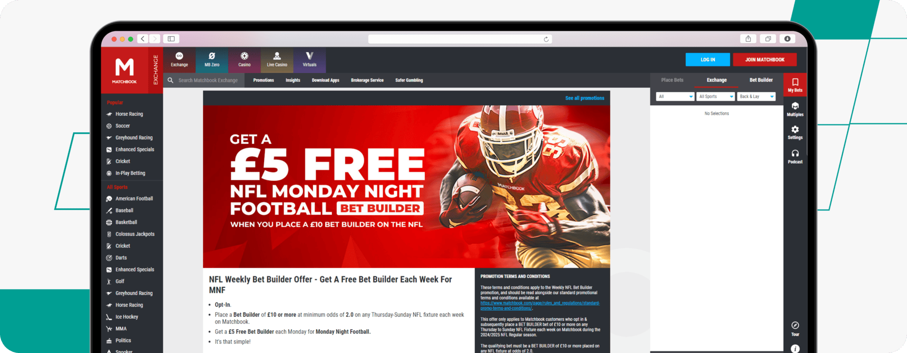 screenshot of matchbook's nfl offer